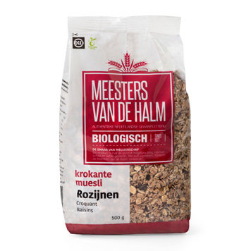 Krokante muesli, rozijnen, 500g, Meesters van de Halm