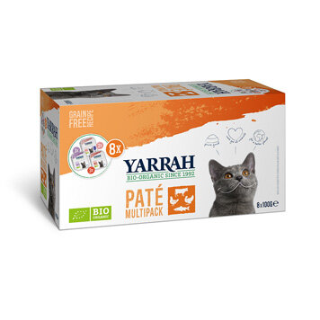 Kattenvoer, multipack pat&eacute;, kip-kalkoen-rund-vis, 8x100gr, Yarrah