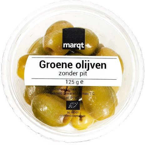 Olijven, groen-, zonder pit 125gram, Marct