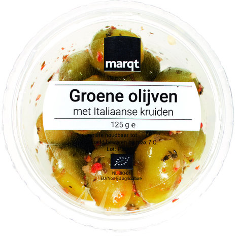 Olijven, groen-, z. pit, Ital. kruiden 125gr, Marct