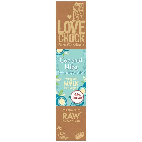 Chocoladereep, creamy coconut nibs, 40gr, Lovechock