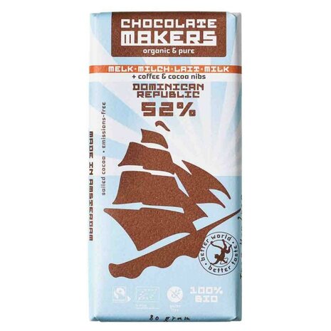 Chocoladereep, Tres Hombres, melk, 52pr, koffie-cacaonibs, 80gr, Chocolate Makers