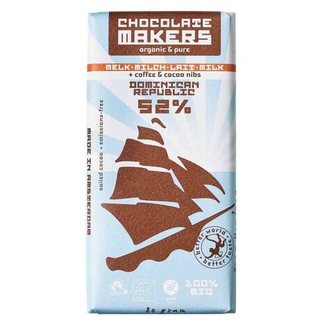 Tres Hombres, melk 52pr, koffie-cacaonibs, 80gr, Chocolate Makers