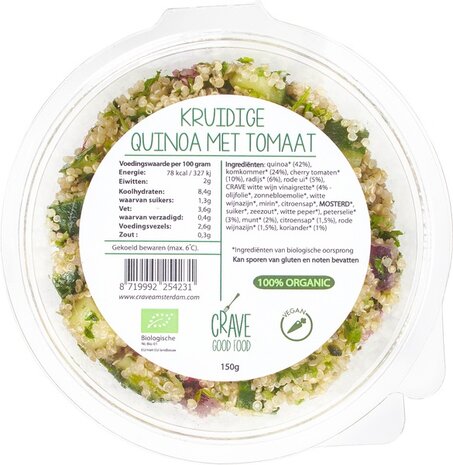 Kruidige quinoa salade tomaat &amp; komkommer*, 150gr, Crave Good Food