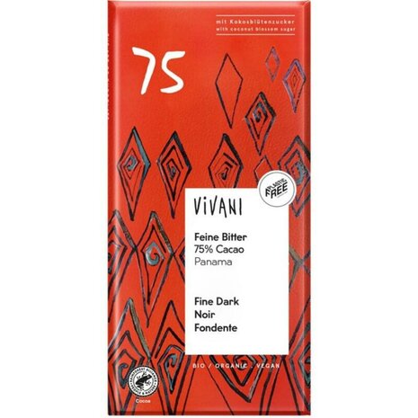 Chocoladereep, puur 75pr. cacao, 80gr, Vivani