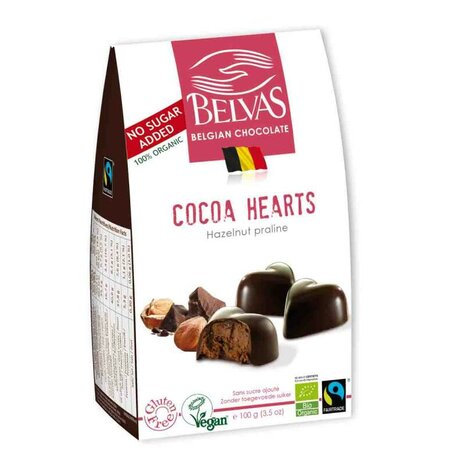 Cacao-hazelnoot harten, natuurlijk gezoet, 100gr, Belvas