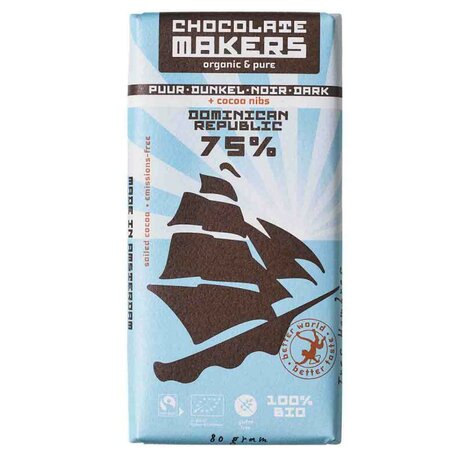 Chocoladereep, Tres Hombres, puur, 75pr, 80gr, Chocolate Makers
