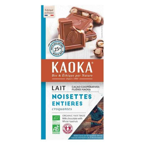 Chocoladereep, melk 40pr, hele hazelnoten, 180gr, Kaoka