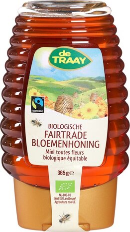 Fairtrade bloemenhoning, knijpfles, 365gr, de Traay