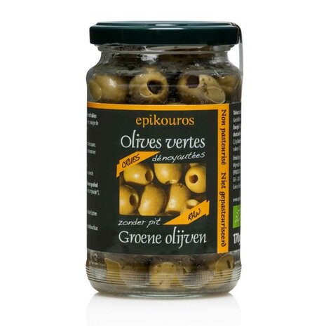 Raw groene olijven, zonder pit, 170gr, Epikouros