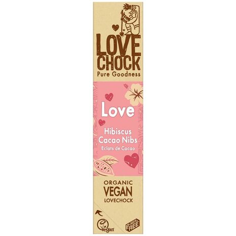 Lovechock, chocoladereep, vegan, Love hibiscus cacao nibs, 40gr